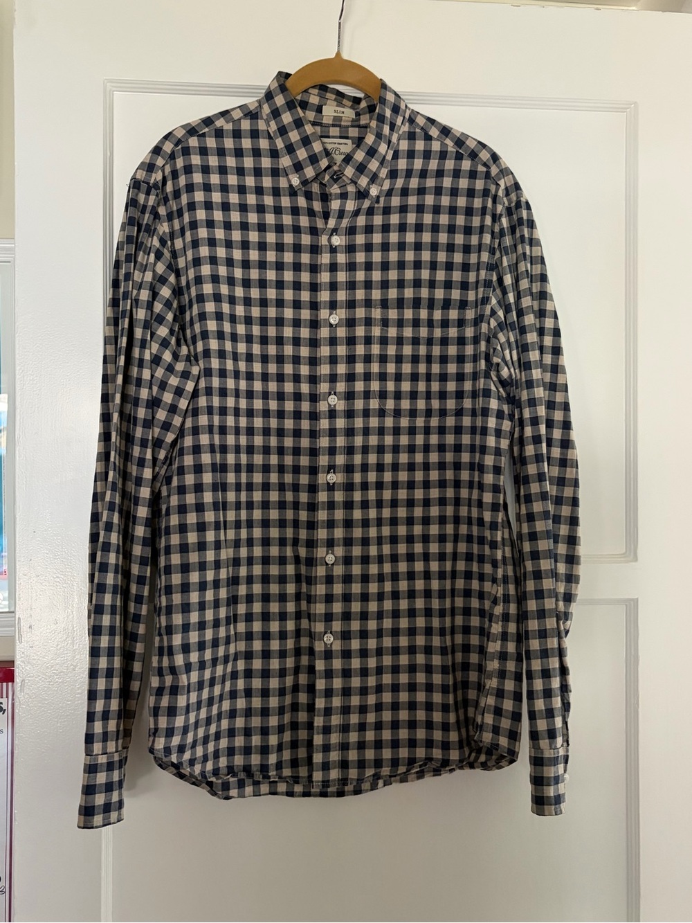 J. Crew Slim Checked Cotton Button-Down Dress Shirt Navy and White